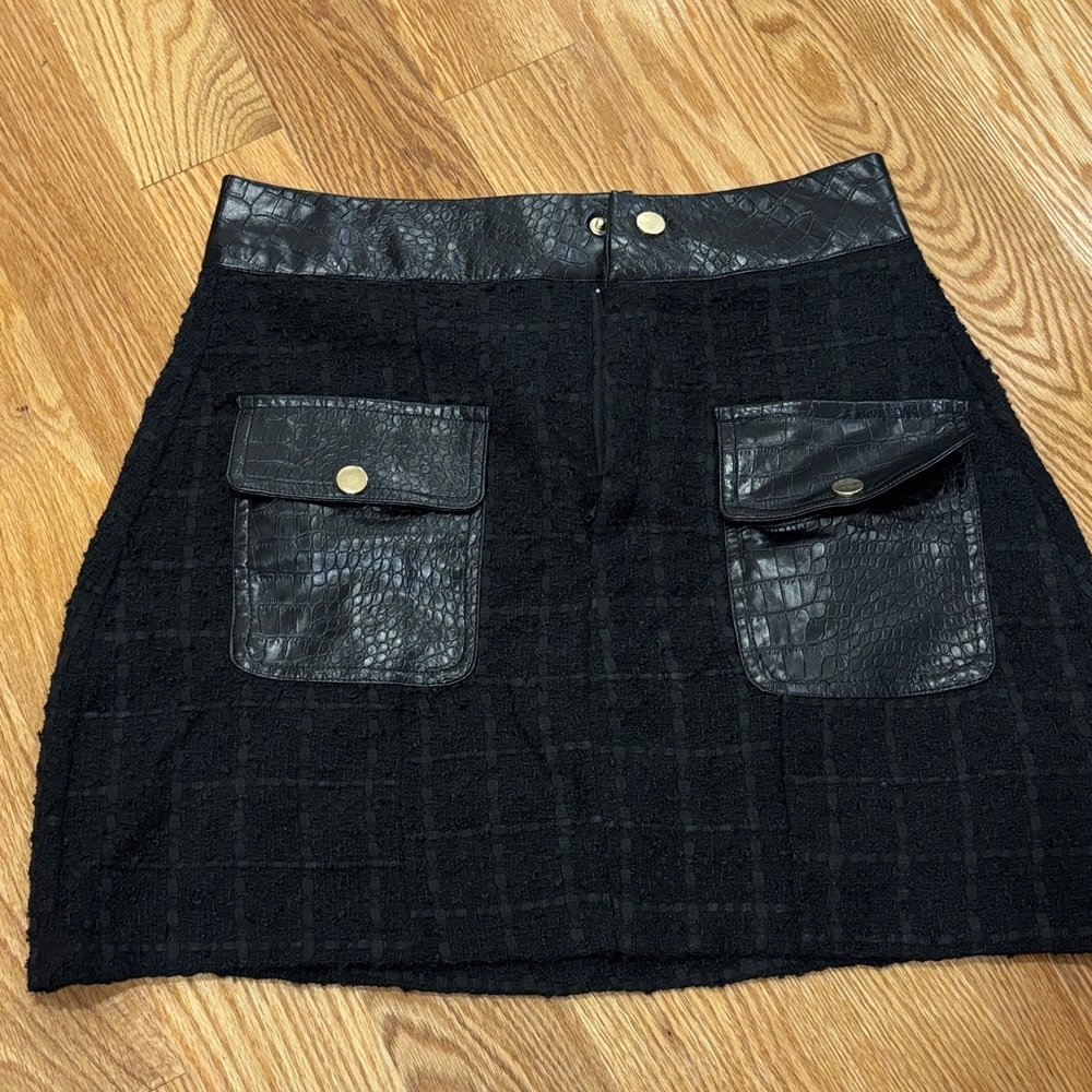 Black Textured Skirt with Faux Leather Accents